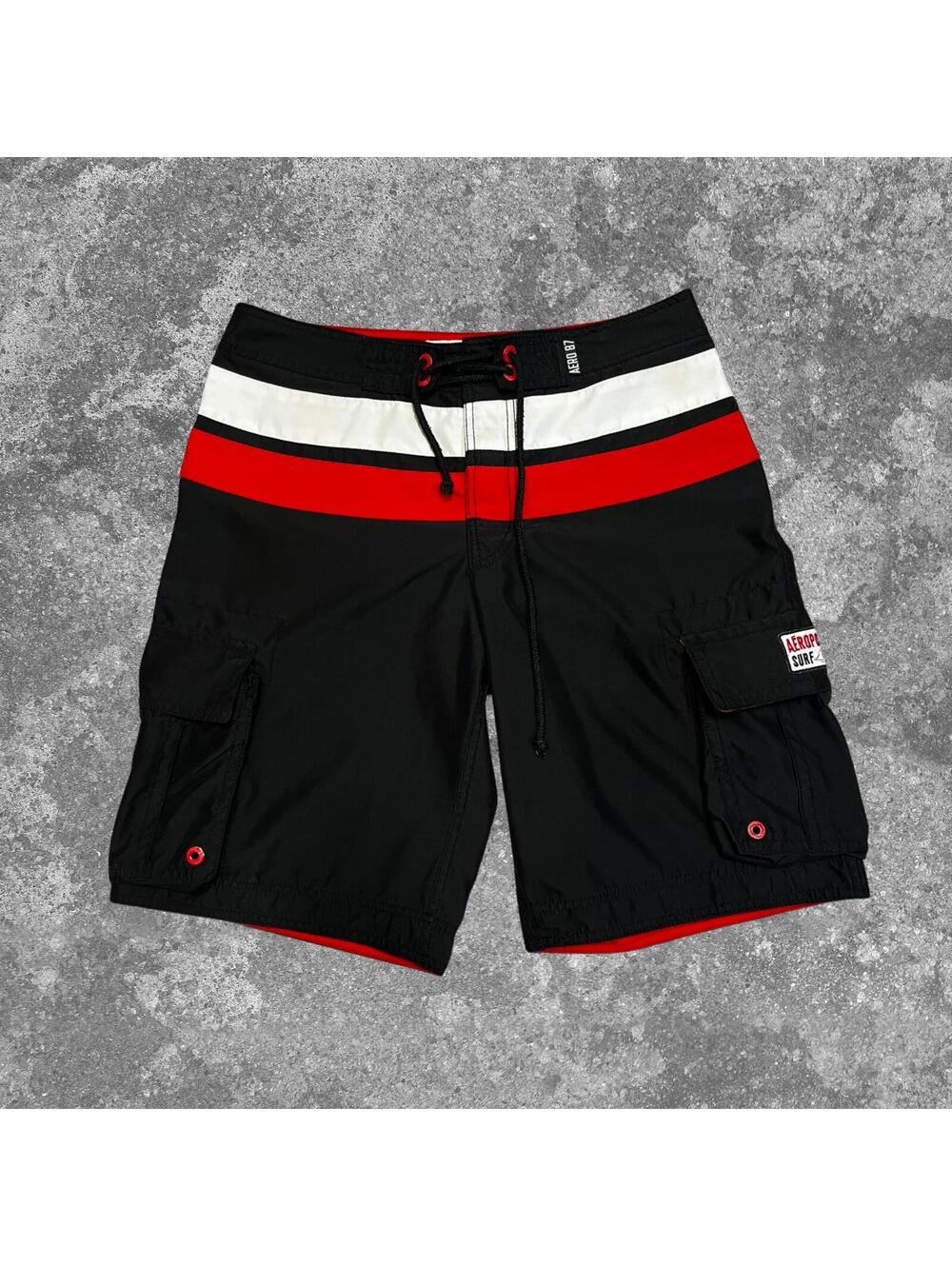 Retro Aeropostale Black Red Board Shorts Striped Surf Swim Trunks Cargo Pocket